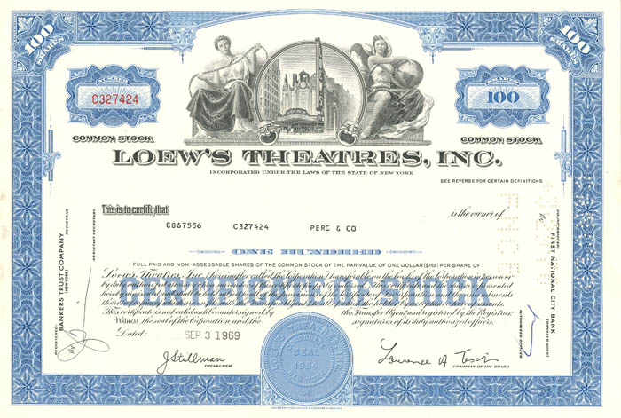 Loew's Theatres, Inc. - Stock Certificate